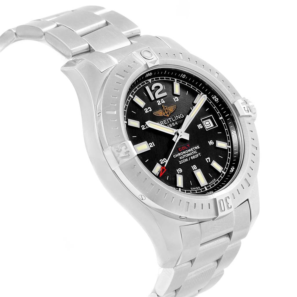 The image shows a Breitling Colt A17388 Men
s Stainless Steel Black Dial A17388 Men
s Stainless Steel Black Dial watch at an angle, displaying its face, bezel, bracelet, and crown.