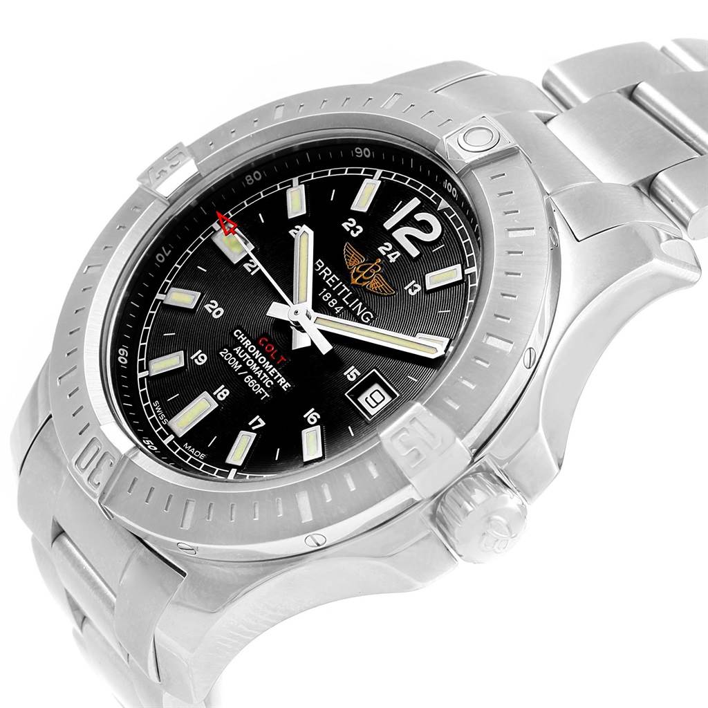 This image shows the Breitling Colt A17388 Men
s Stainless Steel Black Dial A17388 Men
s Stainless Steel Black Dial watch at a three-quarter angle highlighting the dial, bezel, crown, and part of the bracelet.