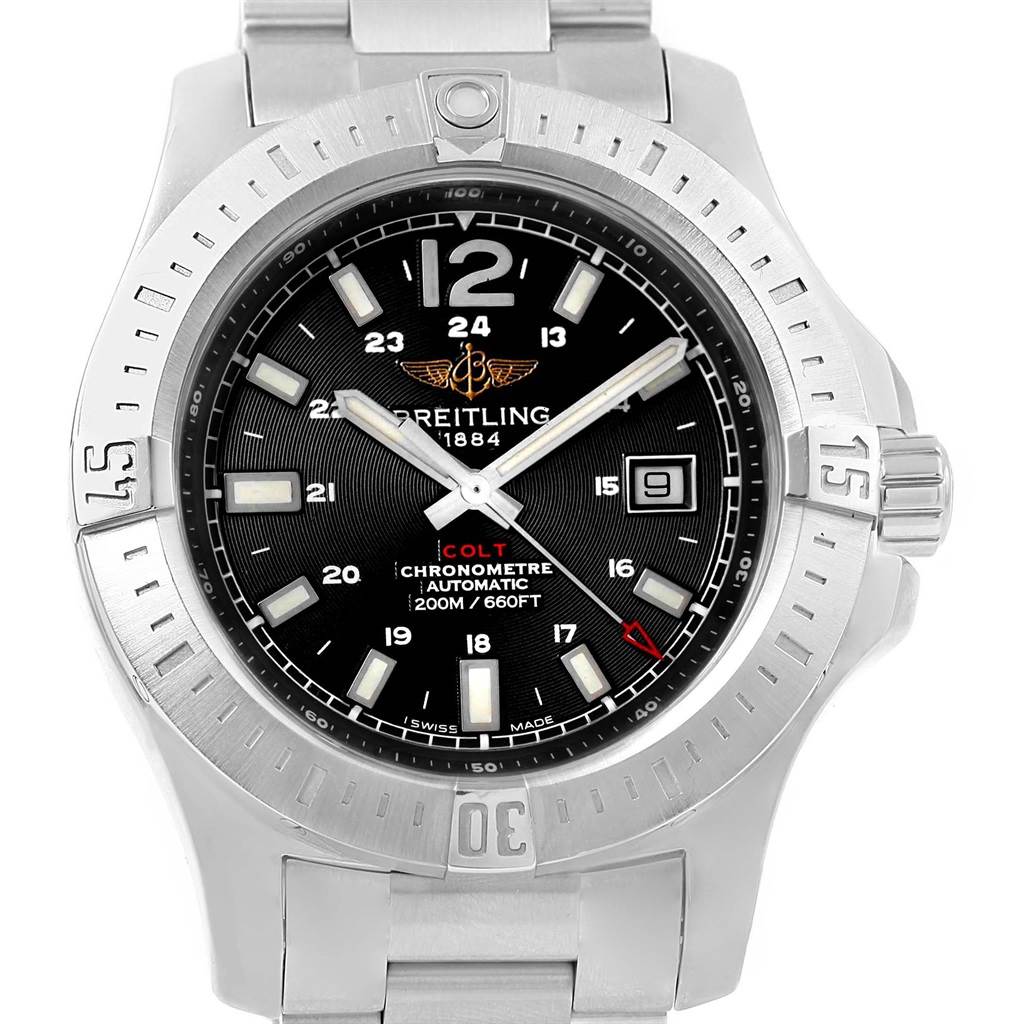 The image shows a front view of the Breitling Colt A17388 Men
s Stainless Steel Black Dial A17388 Men
s Stainless Steel Black Dial watch, displaying the bezel, dial, hands, indices, and part of the metal strap.