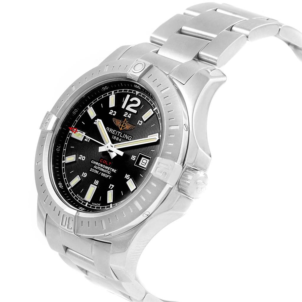 The Breitling Colt A17388 Men
s Stainless Steel Black Dial A17388 Men
s Stainless Steel Black Dial watch is shown from a front three-quarter angle, displaying its stainless steel case, bezel, bracelet, and black dial.