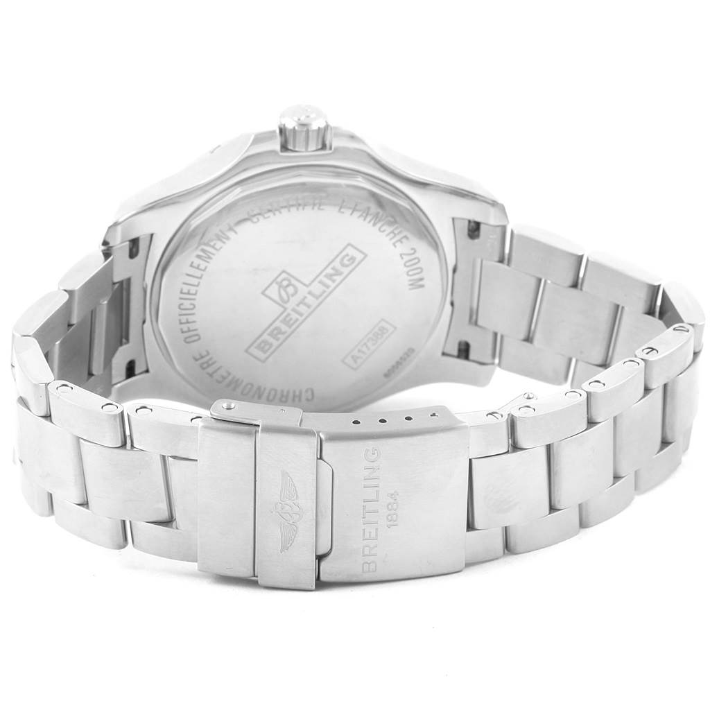 The image shows the back case and bracelet of a Breitling Colt A17388 Men
s Stainless Steel Black Dial A17388 Men
s Stainless Steel Black Dial watch from a rear angle.