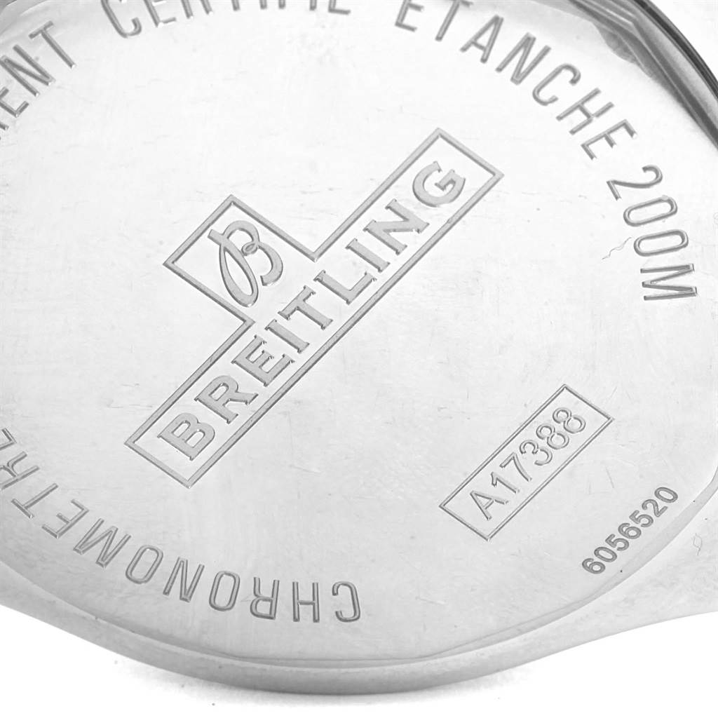 This image shows the back case of a Breitling Colt A17388 Men
s Stainless Steel Black Dial A17388 Men
s Stainless Steel Black Dial watch, displaying the brand
s name and various engravings.
