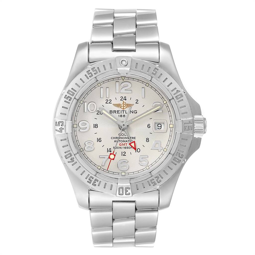 The Breitling Colt A32350 Men's Stainless Steel Silver Dial A32350 Men's Stainless Steel Silver Dial watch is shown from a top-down angle, displaying its entire face and metal bracelet.