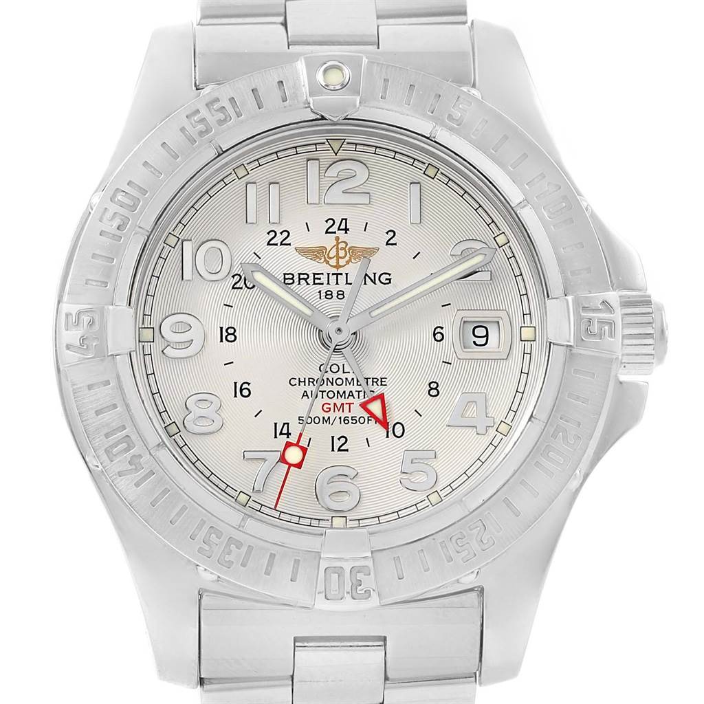 The image shows a front view of a Breitling Colt A32350 Men's Stainless Steel Silver Dial A32350 Men's Stainless Steel Silver Dial model watch, displaying its dial, bezel, and bracelet.
