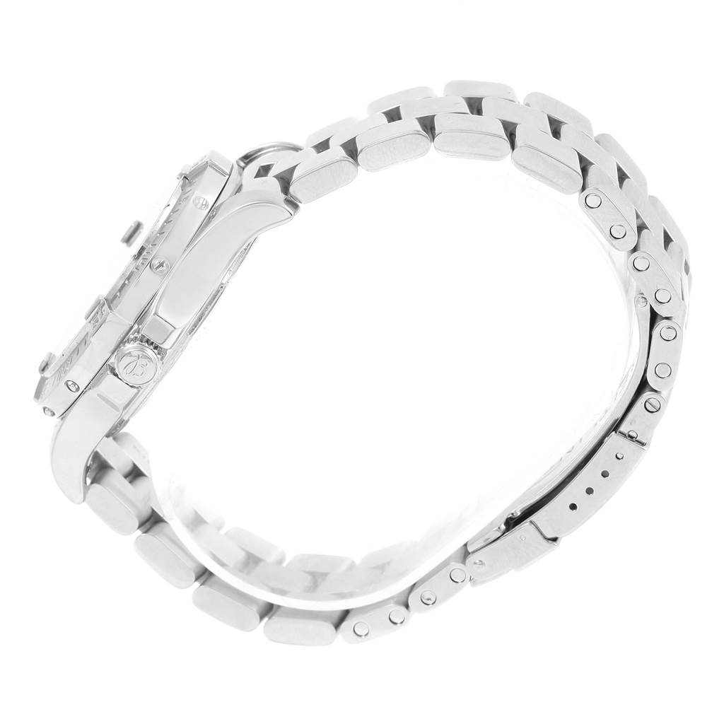 This side-angle view of the Breitling Colt A32350 Men's Stainless Steel Silver Dial A32350 Men's Stainless Steel Silver Dial watch shows the bracelet and part of the case, including the crown.