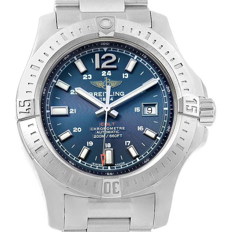 Shown in a front angle, this Breitling Colt watch features a blue dial, date display, and stainless steel bracelet.