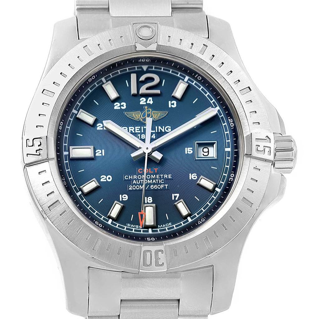 Shown in a front angle, this Breitling Colt A17388 Men's Stainless Steel Blue Dial A17388 Men's Stainless Steel Blue Dial watch features a blue dial, date display, and stainless steel bracelet.