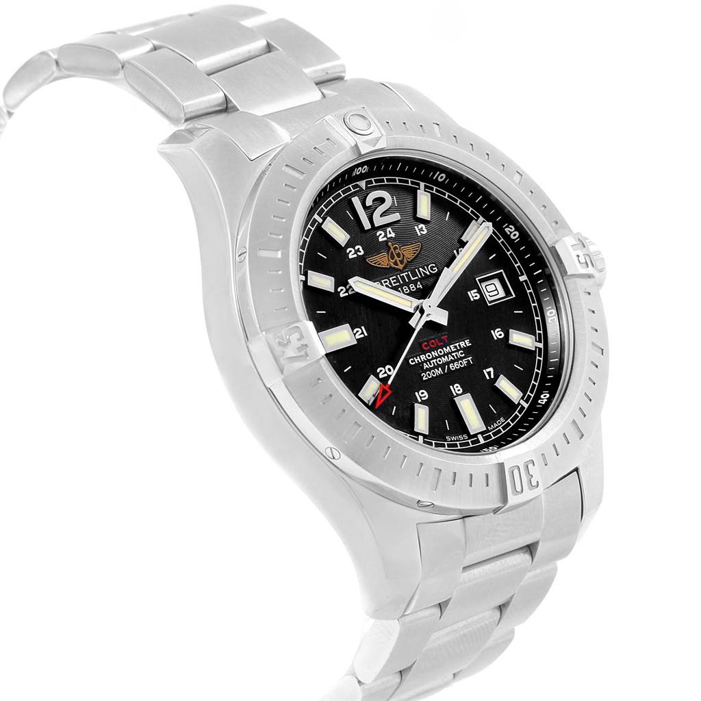 The image shows a Breitling Colt A17388 Men's Stainless Steel Black Dial A17388 Men's Stainless Steel Black Dial model watch at an angled front view, highlighting the dial, bezel, and metal bracelet.