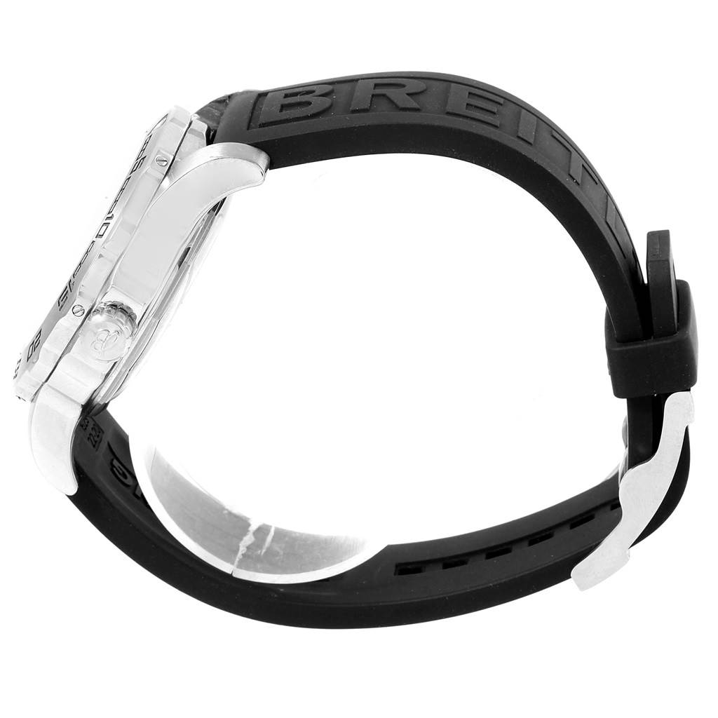 The image shows a side view of a Breitling Colt A74387 Men's Stainless Steel Silver Dial A74387 Men's Stainless Steel Silver Dial watch with its black strap and silver buckle.