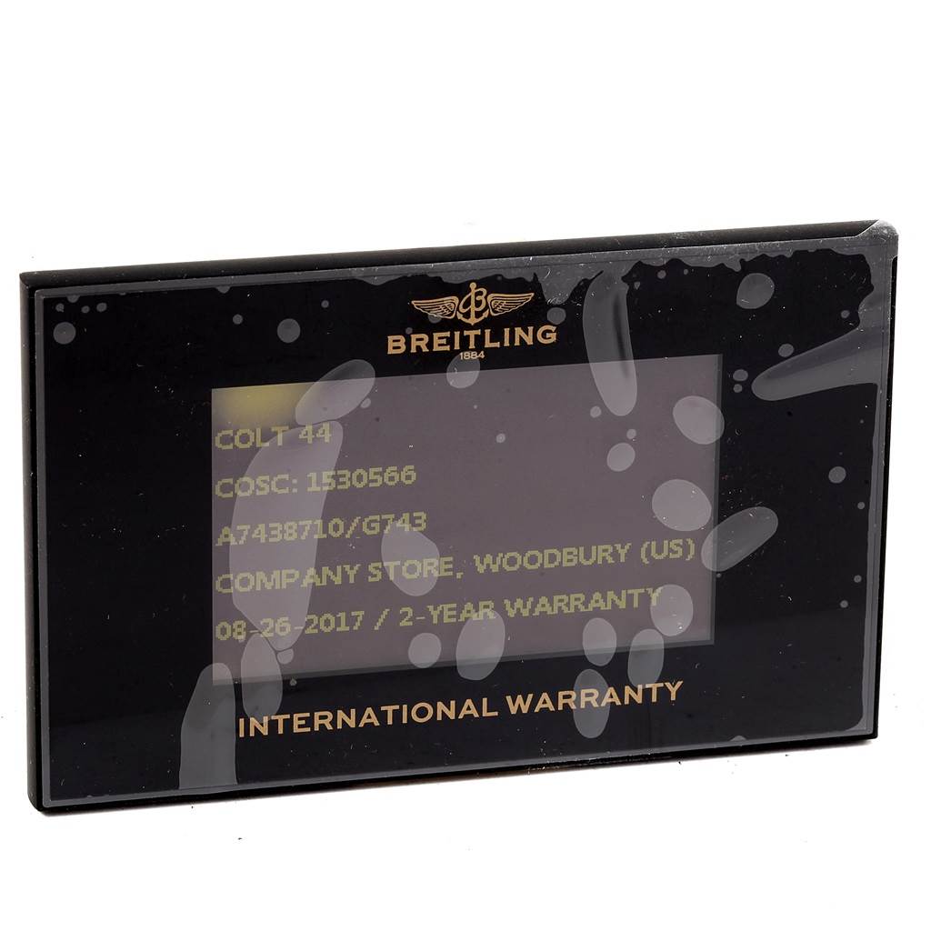 This image shows the international warranty card for a Breitling Colt A74387 Men's Stainless Steel Silver Dial A74387 Men's Stainless Steel Silver Dial model watch.