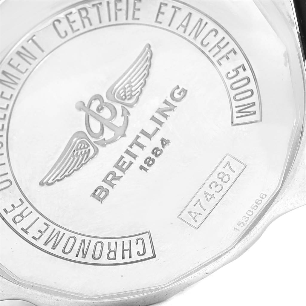 The image shows the back of a Breitling Colt A74387 Men's Stainless Steel Silver Dial A74387 Men's Stainless Steel Silver Dial watch, highlighting its engravings and model number.