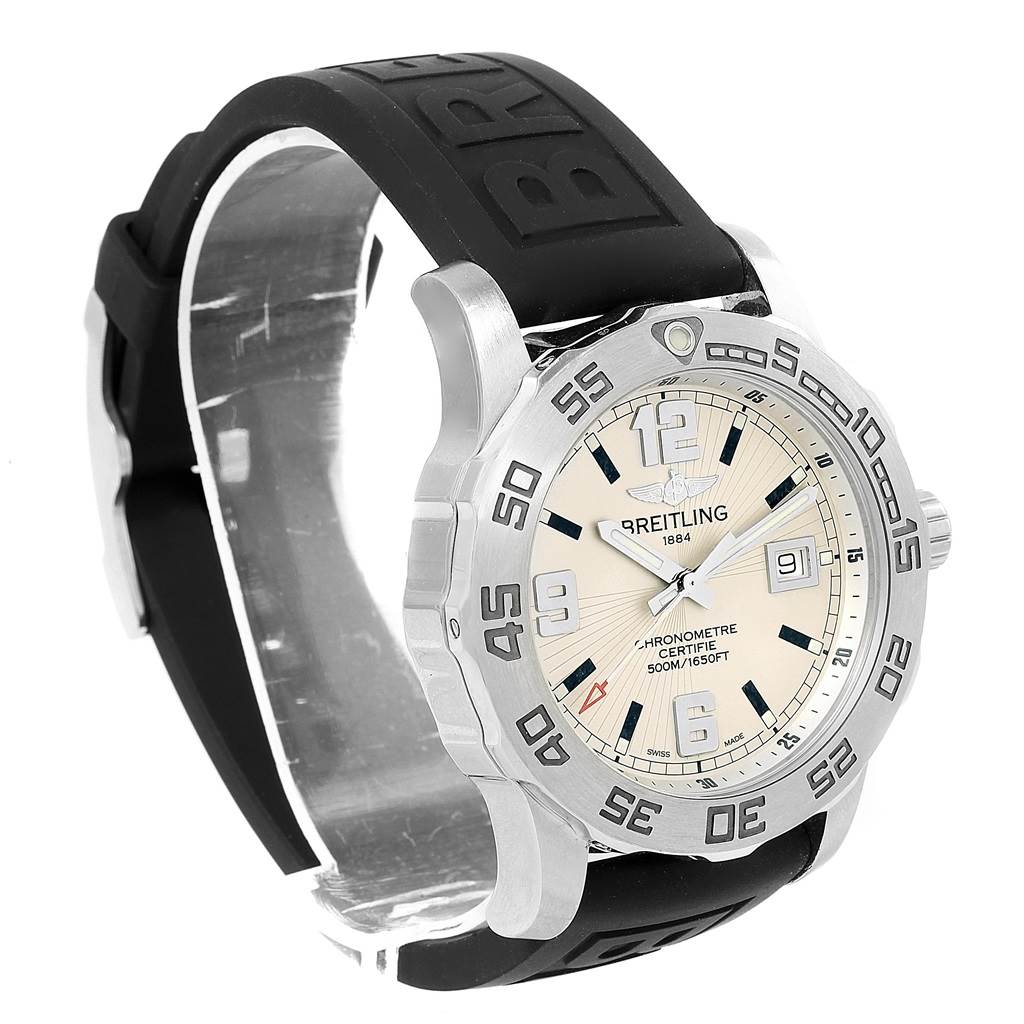 The image shows a Breitling Colt A74387 Men's Stainless Steel Silver Dial A74387 Men's Stainless Steel Silver Dial watch at a slight angle, capturing its face, bezel, lugs, and part of its black rubber strap.