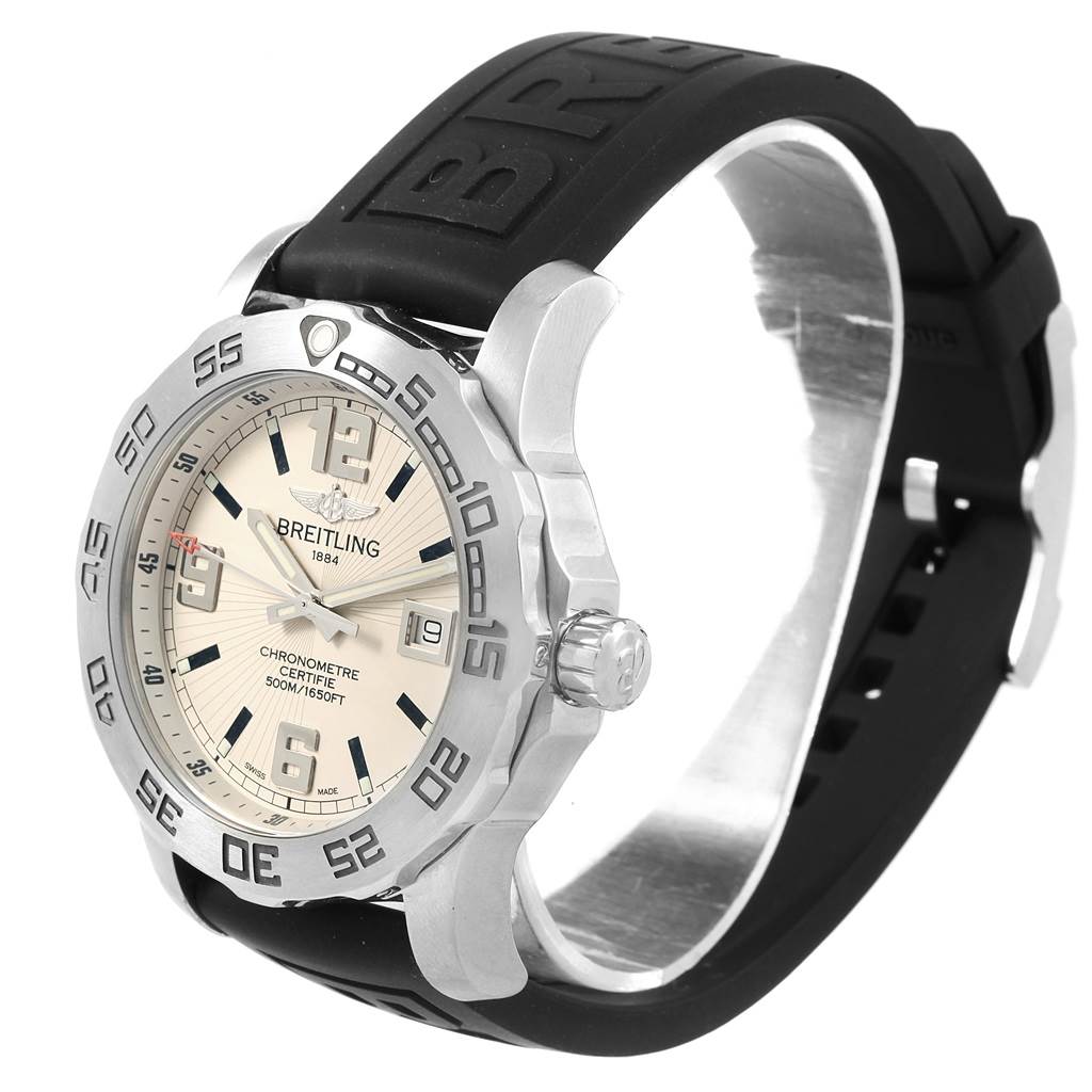 The Breitling Colt A74387 Men's Stainless Steel Silver Dial A74387 Men's Stainless Steel Silver Dial watch is shown from a three-quarter angle, highlighting the face, bezel, and rubber strap.