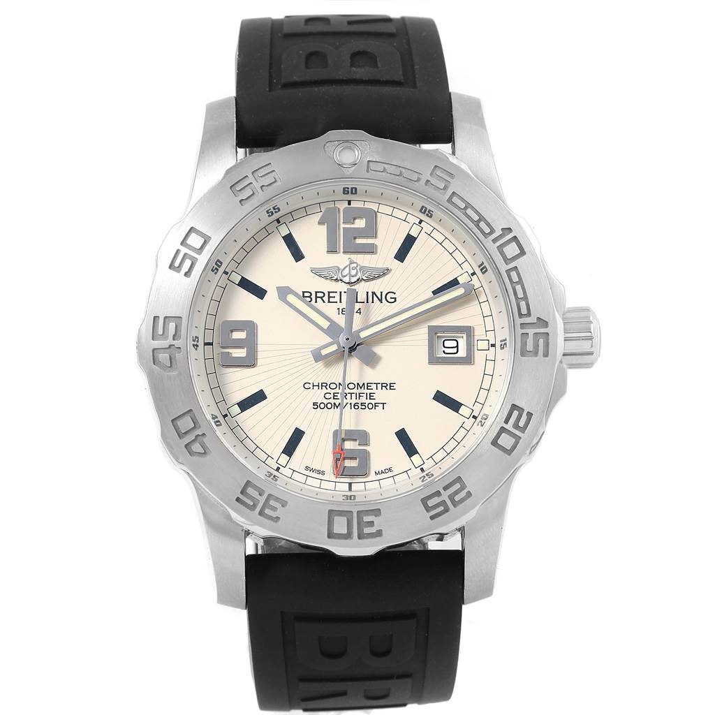 The image shows a front view of the Breitling Colt A74387 Men's Stainless Steel Silver Dial A74387 Men's Stainless Steel Silver Dial watch, highlighting its dial, bezel, and black rubber strap.