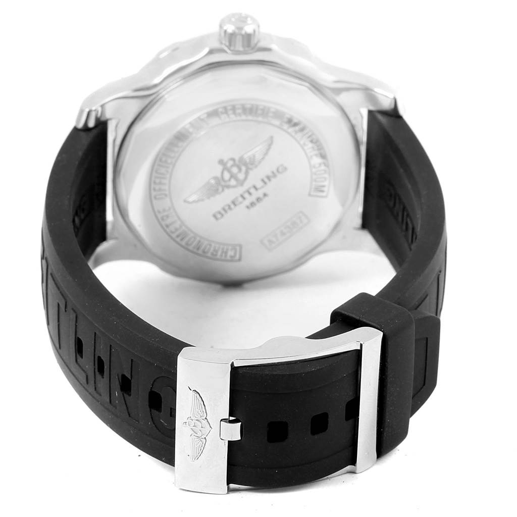 The image shows the back and clasp of a Breitling Colt A74387 Men's Stainless Steel Silver Dial A74387 Men's Stainless Steel Silver Dial watch, highlighting the case back, strap, and buckle.