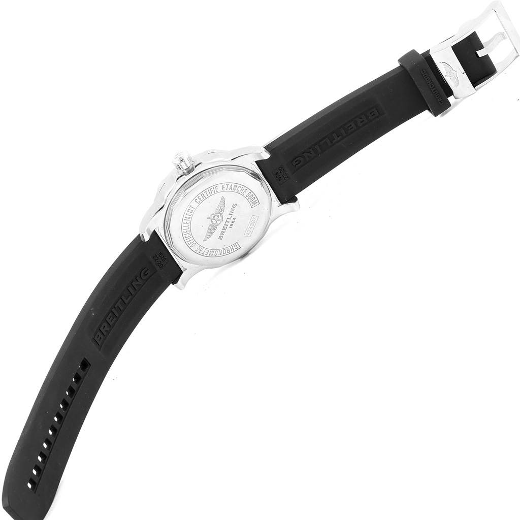 The image shows the back and strap of a Breitling Colt A74387 Men's Stainless Steel Silver Dial A74387 Men's Stainless Steel Silver Dial watch, displaying the case back and the rubber strap branding.