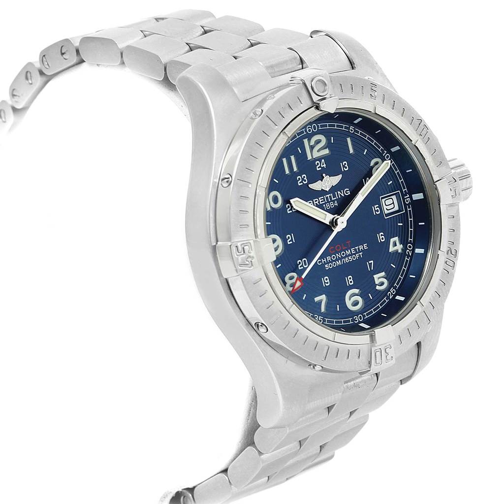 This image shows a side angle view of the Breitling Colt A74380 Men's Stainless Steel Blue Dial A74380 Men's Stainless Steel Blue Dial watch, displaying its metallic band, bezel, and blue face.