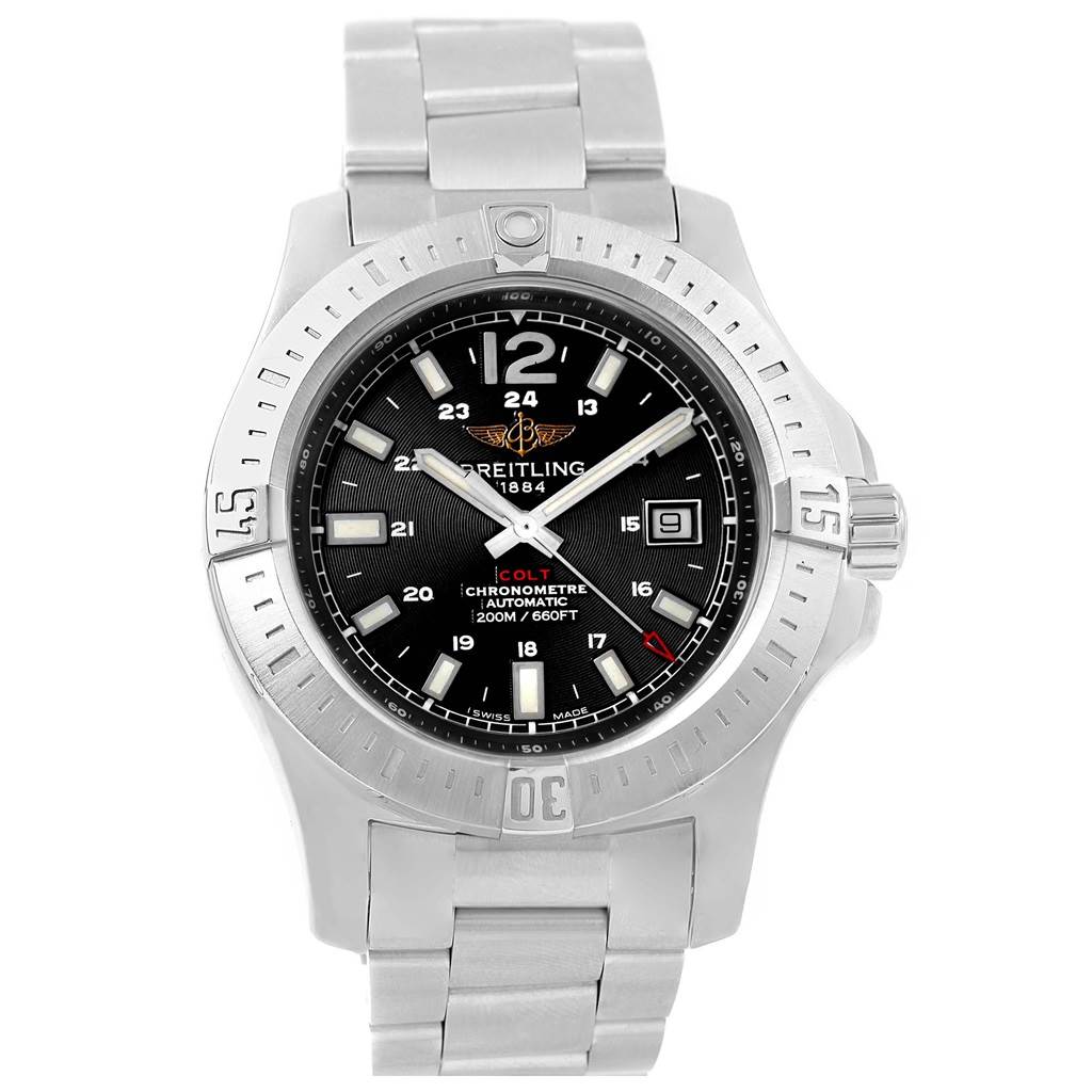 The image shows a front view of a Breitling Colt A17388 Men
s Stainless Steel Black Dial A17388 Men
s Stainless Steel Black Dial watch, displaying the face, bezel, dial, and bracelet.