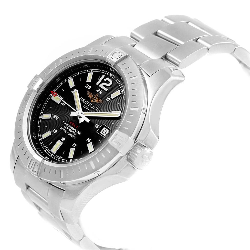 The image shows a side angle of a Breitling Colt A17388 Men
s Stainless Steel Black Dial A17388 Men
s Stainless Steel Black Dial watch, highlighting the dial, bezel, crown, and part of the bracelet.