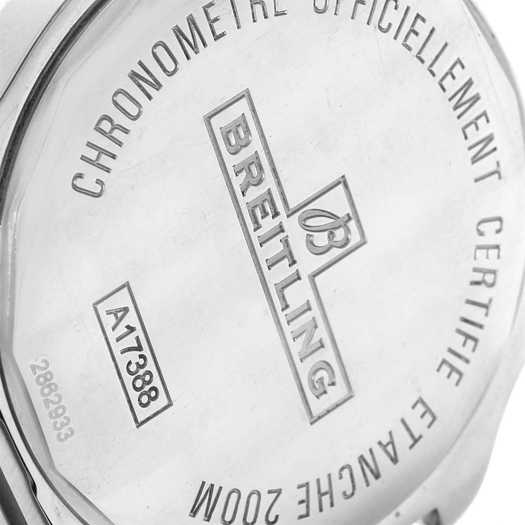 The image shows the back case of the Breitling Colt A17388 Men
s Stainless Steel Black Dial A17388 Men
s Stainless Steel Black Dial watch model, displaying engravings and serial numbers.