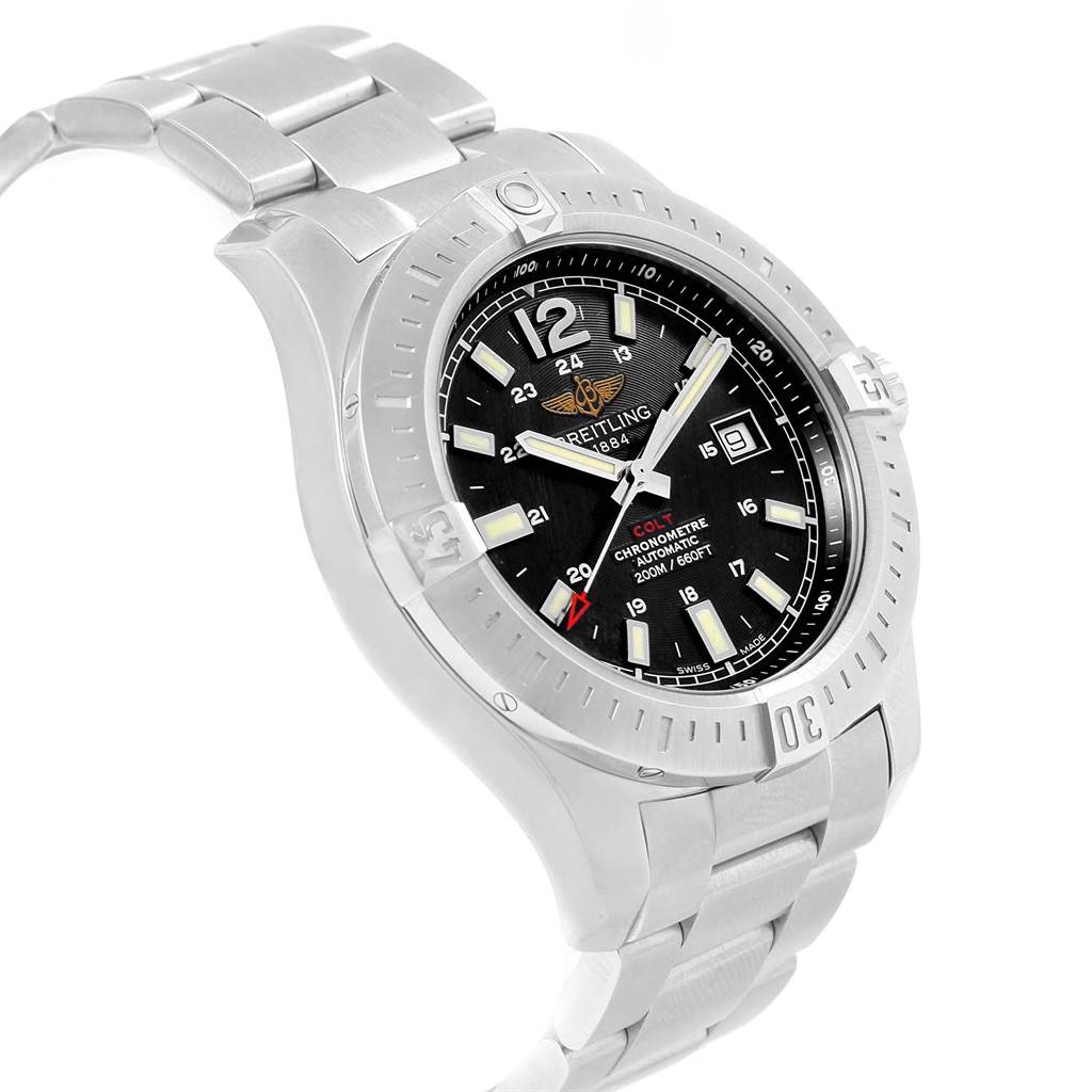 The image shows a Breitling Colt A17388 Men
s Stainless Steel Black Dial A17388 Men
s Stainless Steel Black Dial watch from an angled side view, displaying its stainless steel bracelet, bezel, and black dial.