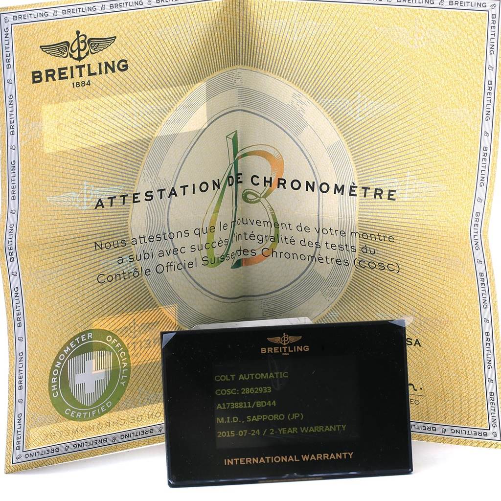 The image shows the warranty card and chronometer certificate for the Breitling Colt A17388 Men
s Stainless Steel Black Dial A17388 Men
s Stainless Steel Black Dial Automatic watch.
