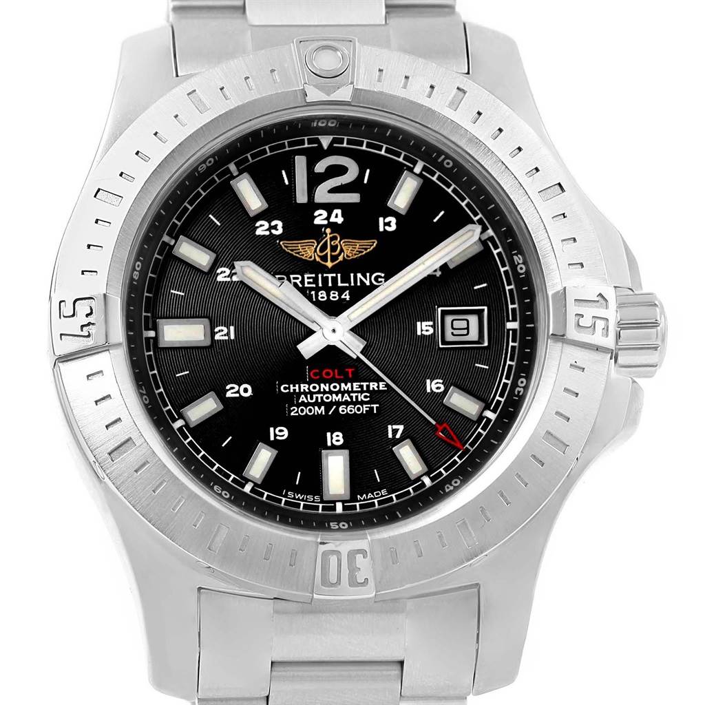 This image shows a front view of the Breitling Colt A17388 Men
s Stainless Steel Black Dial A17388 Men
s Stainless Steel Black Dial watch, highlighting the dial, bezel, crown, and part of the metal bracelet.