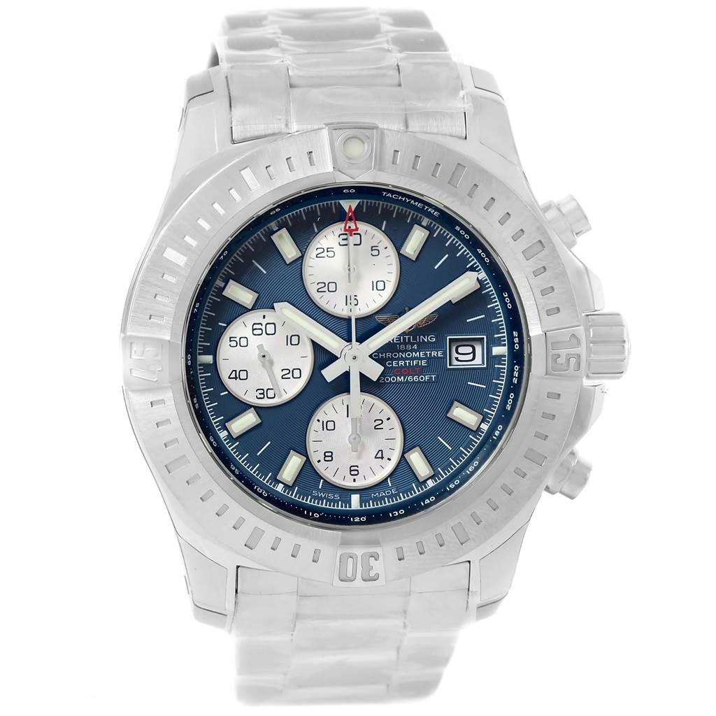 The image shows a front view of the Breitling Colt A13388 Men's Stainless Steel Blue Dial A13388 Men's Stainless Steel Blue Dial watch, including the bezel, dial, sub-dials, and bracelet.