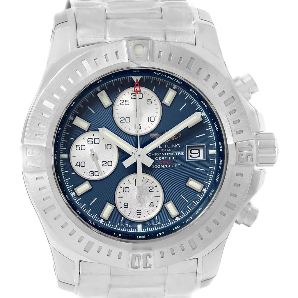 The image shows a front view of the Breitling Colt A13388 Men's Stainless Steel Blue Dial A13388 Men's Stainless Steel Blue Dial watch, displaying its face, chronograph dials, and bezel.