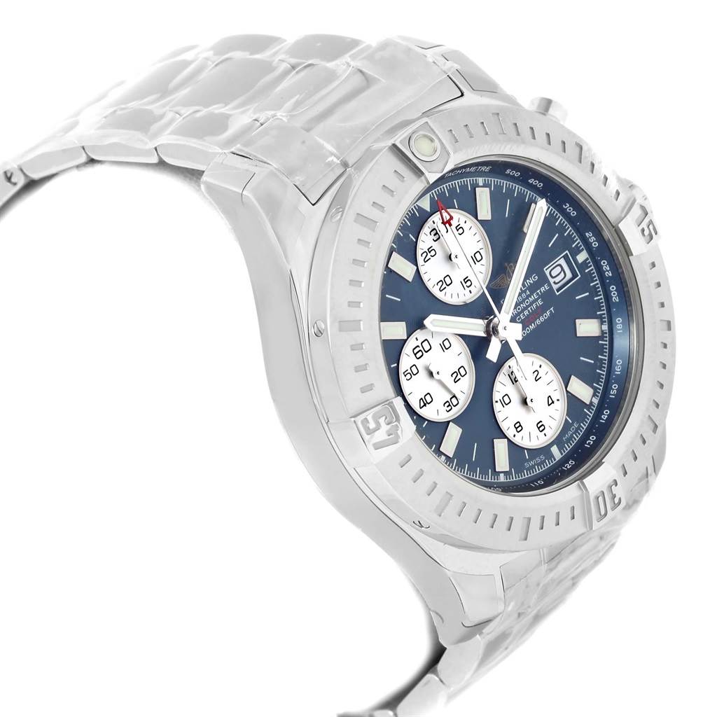 The image shows a side angle of the Breitling Colt A13388 Men's Stainless Steel Blue Dial A13388 Men's Stainless Steel Blue Dial watch, highlighting its bezel, dial with subdials, and part of its metal bracelet.