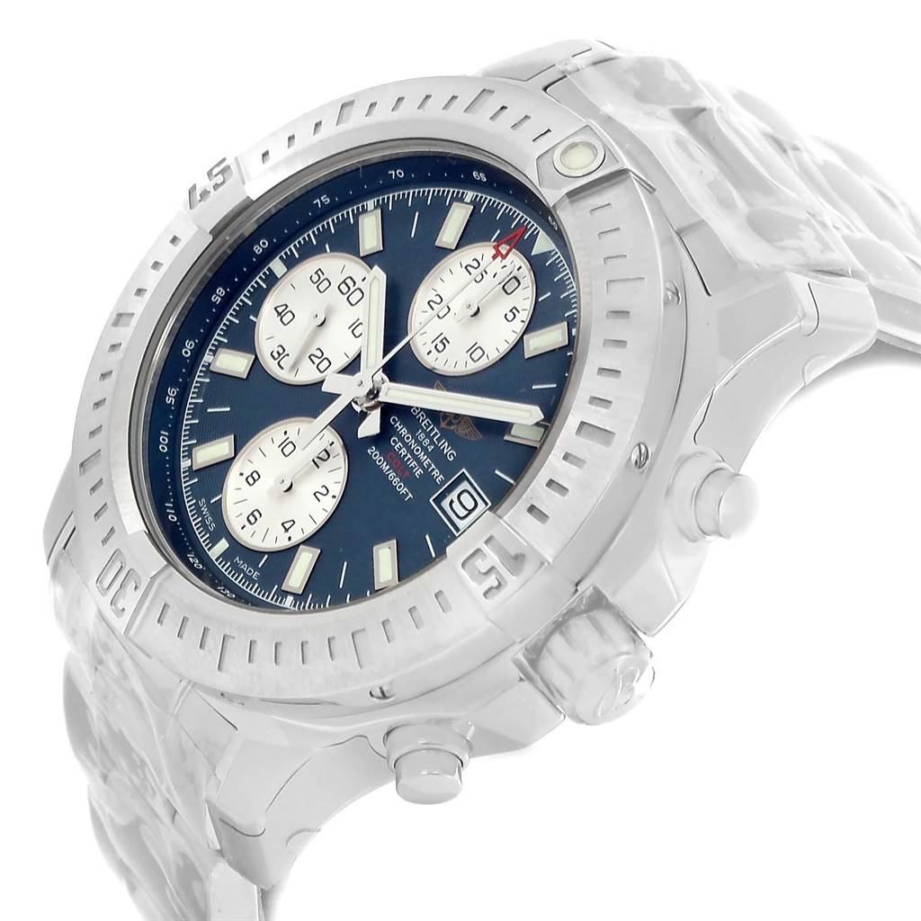The angled view of the Breitling Colt A13388 Men's Stainless Steel Blue Dial A13388 Men's Stainless Steel Blue Dial watch shows its face, bezel, crown, and pushers.