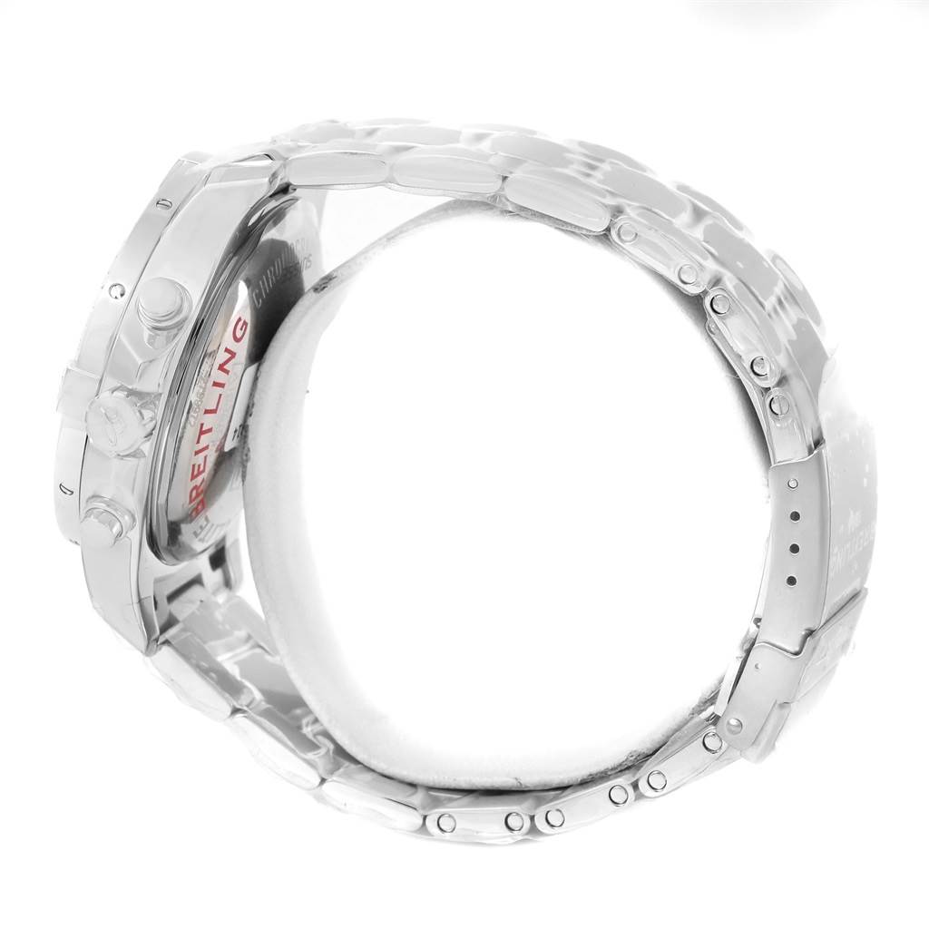 This side view of the Breitling Colt A13388 Men's Stainless Steel Blue Dial A13388 Men's Stainless Steel Blue Dial watch highlights its stainless steel case, pushers, crown, and part of the bracelet.