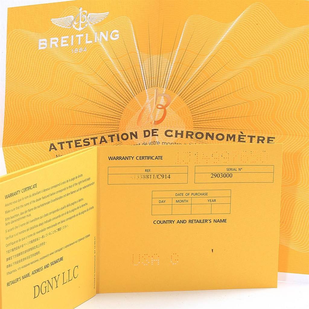 This image shows the warranty certificate and chronometer attestation for the Breitling Colt A13388 Men's Stainless Steel Blue Dial A13388 Men's Stainless Steel Blue Dial watch model.