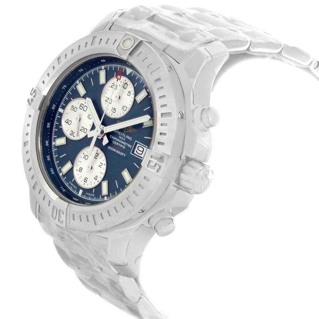 The image shows a side view of the Breitling Colt A13388 Men's Stainless Steel Blue Dial A13388 Men's Stainless Steel Blue Dial watch, featuring its bezel, crown, pushers, and part of the bracelet.