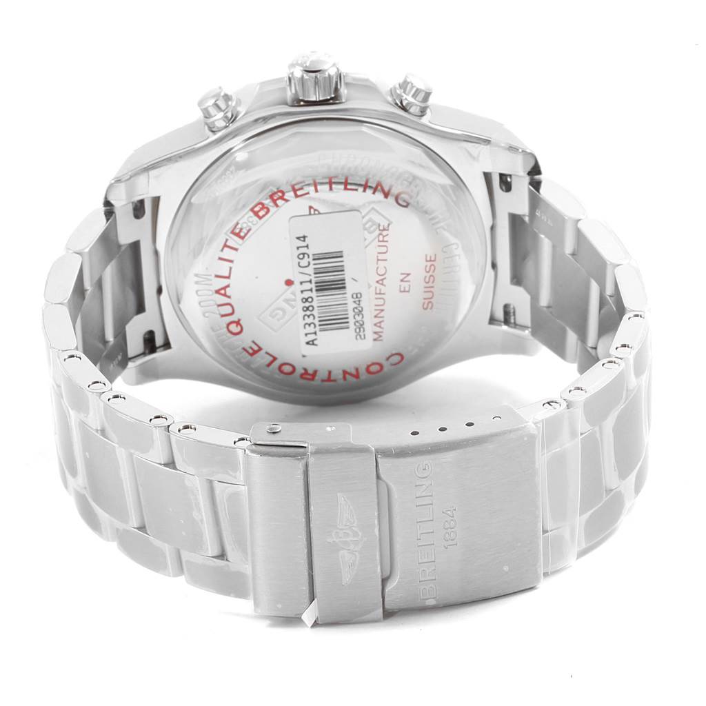 The image shows the back and clasp of a Breitling Colt A13388 Men's Stainless Steel Blue Dial A13388 Men's Stainless Steel Blue Dial model watch, highlighting the case back and metal bracelet.