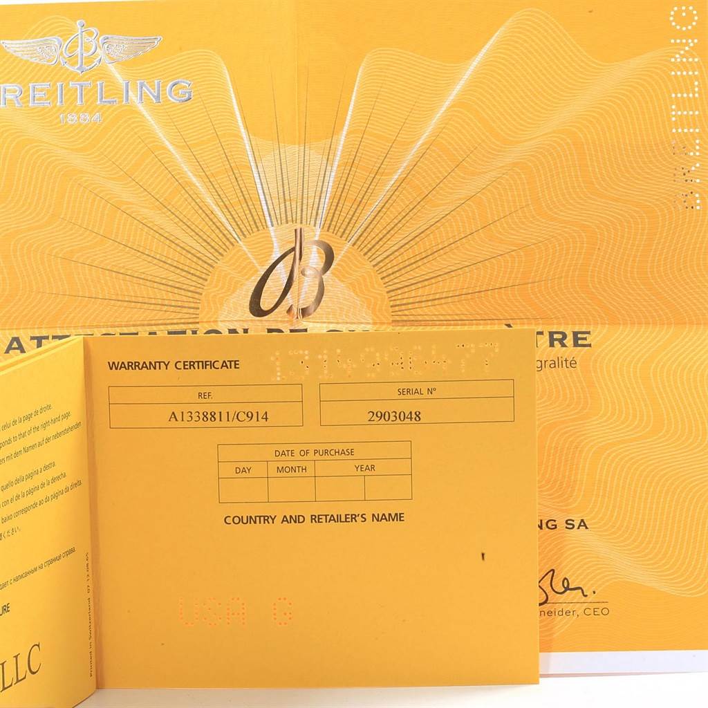 The image shows a warranty certificate and card for a Breitling Colt A13388 Men's Stainless Steel Blue Dial A13388 Men's Stainless Steel Blue Dial model watch.