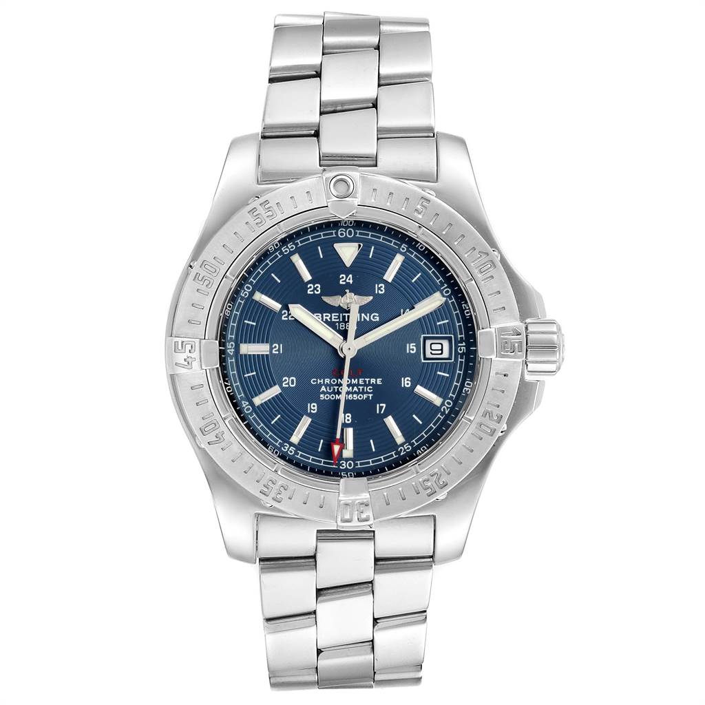The image shows a front view of a Breitling Colt A17380 Men's Stainless Steel Blue Dial A17380 Men's Stainless Steel Blue Dial watch, highlighting its face, bezel, and bracelet.