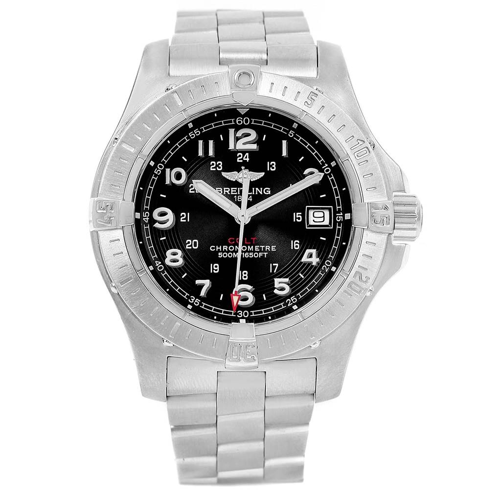 The image shows a front view of a Breitling Colt A74380 Men's Stainless Steel Black Dial A74380 Men's Stainless Steel Black Dial watch, highlighting its dial, bezel, and metal bracelet.