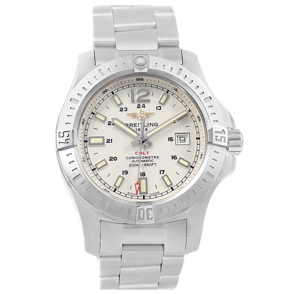 The image shows a front view of the Breitling Colt A17388 Men's Stainless Steel White Dial A17388 Men's Stainless Steel White Dial watch, highlighting the face, bezel, crown, and part of the bracelet.