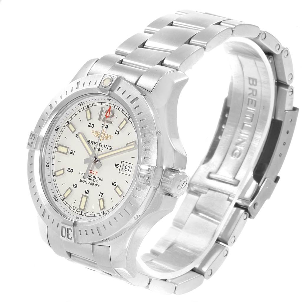 The image shows a Breitling Colt A17388 Men's Stainless Steel White Dial A17388 Men's Stainless Steel White Dial watch at a front angle, highlighting the face, bezel, and stainless steel bracelet.