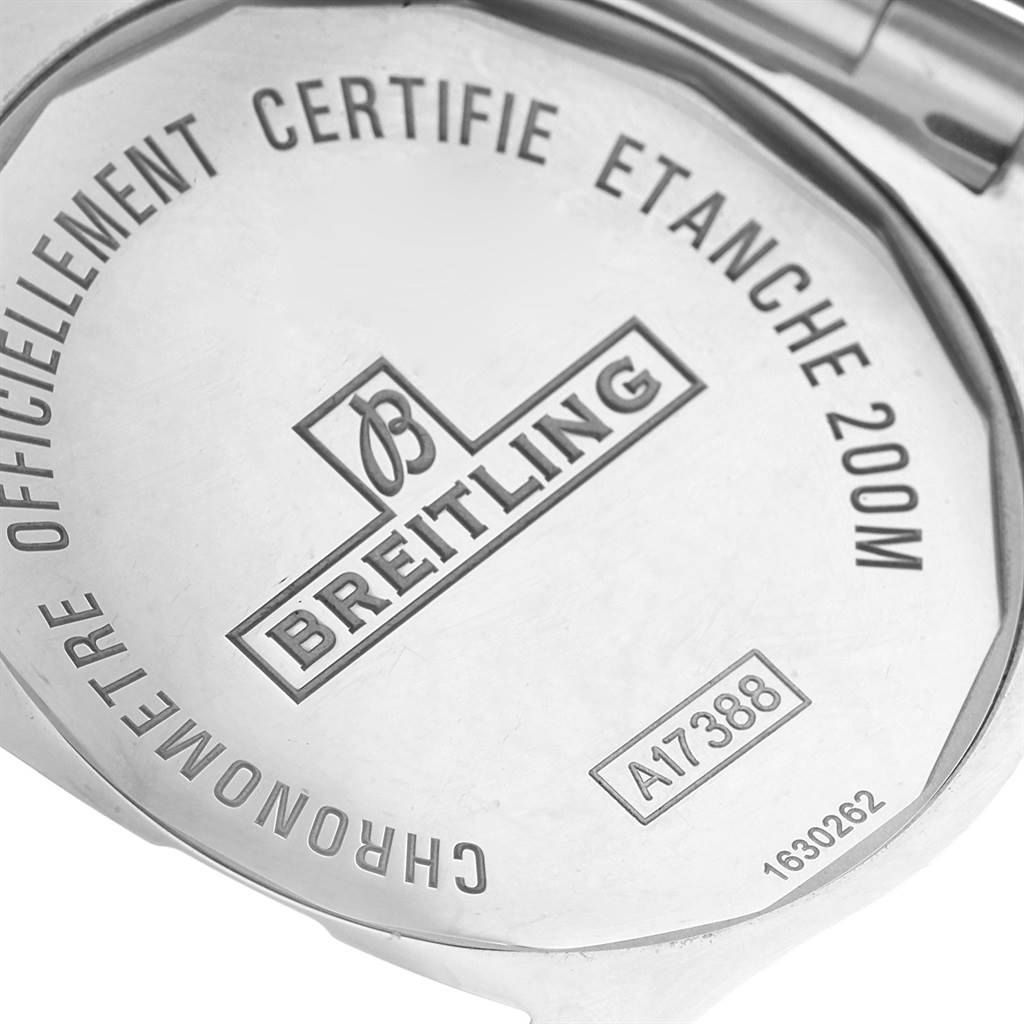 The image shows the back case of the Breitling Colt A17388 Men's Stainless Steel White Dial A17388 Men's Stainless Steel White Dial model watch, highlighting its engravings and water resistance.