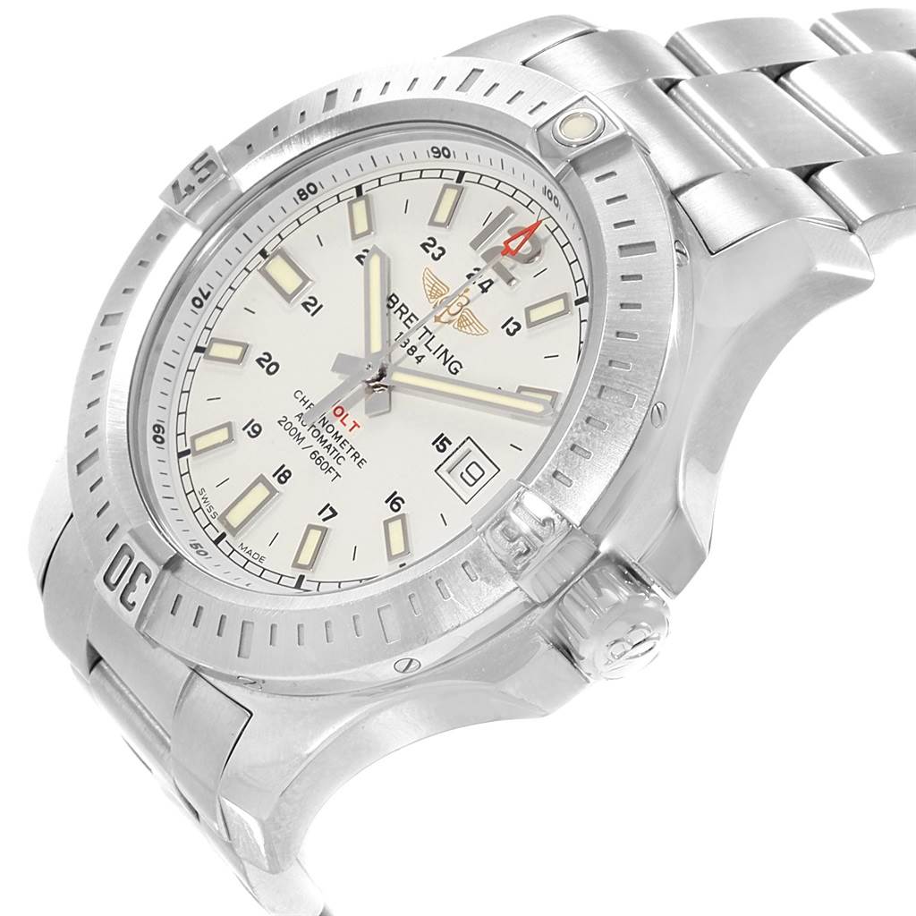 The Breitling Colt A17388 Men's Stainless Steel White Dial A17388 Men's Stainless Steel White Dial watch is shown at a tilted angle, displaying the face, bezel, crown, and part of the bracelet.