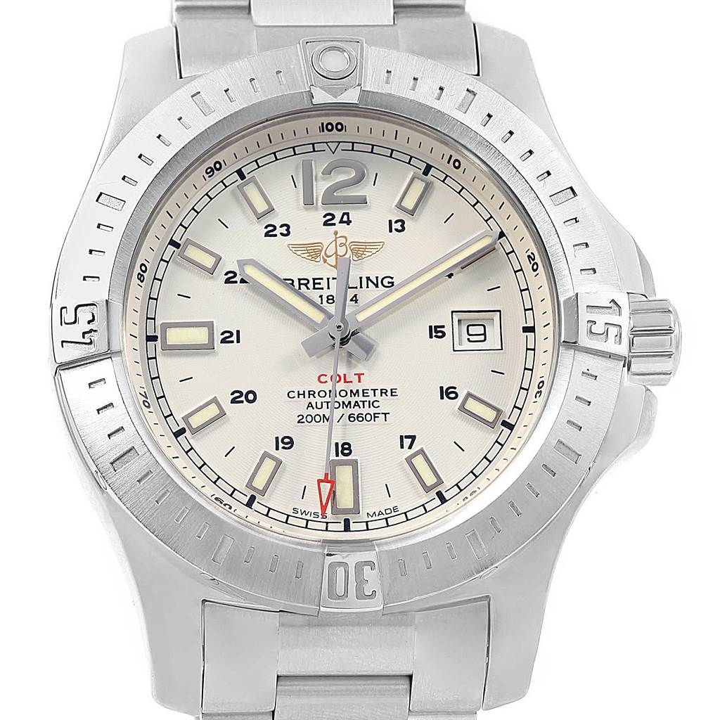 The Breitling Colt A17388 Men's Stainless Steel White Dial A17388 Men's Stainless Steel White Dial watch is shown from the front, displaying its dial, bezel, and part of the stainless steel bracelet.