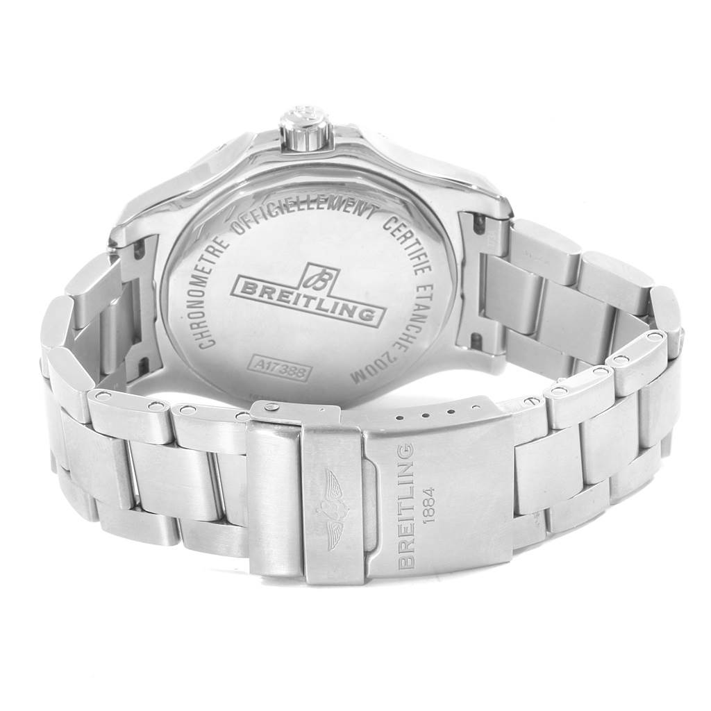 The image shows the back case and bracelet of a Breitling Colt A17388 Men's Stainless Steel White Dial A17388 Men's Stainless Steel White Dial watch at an angled rear view.