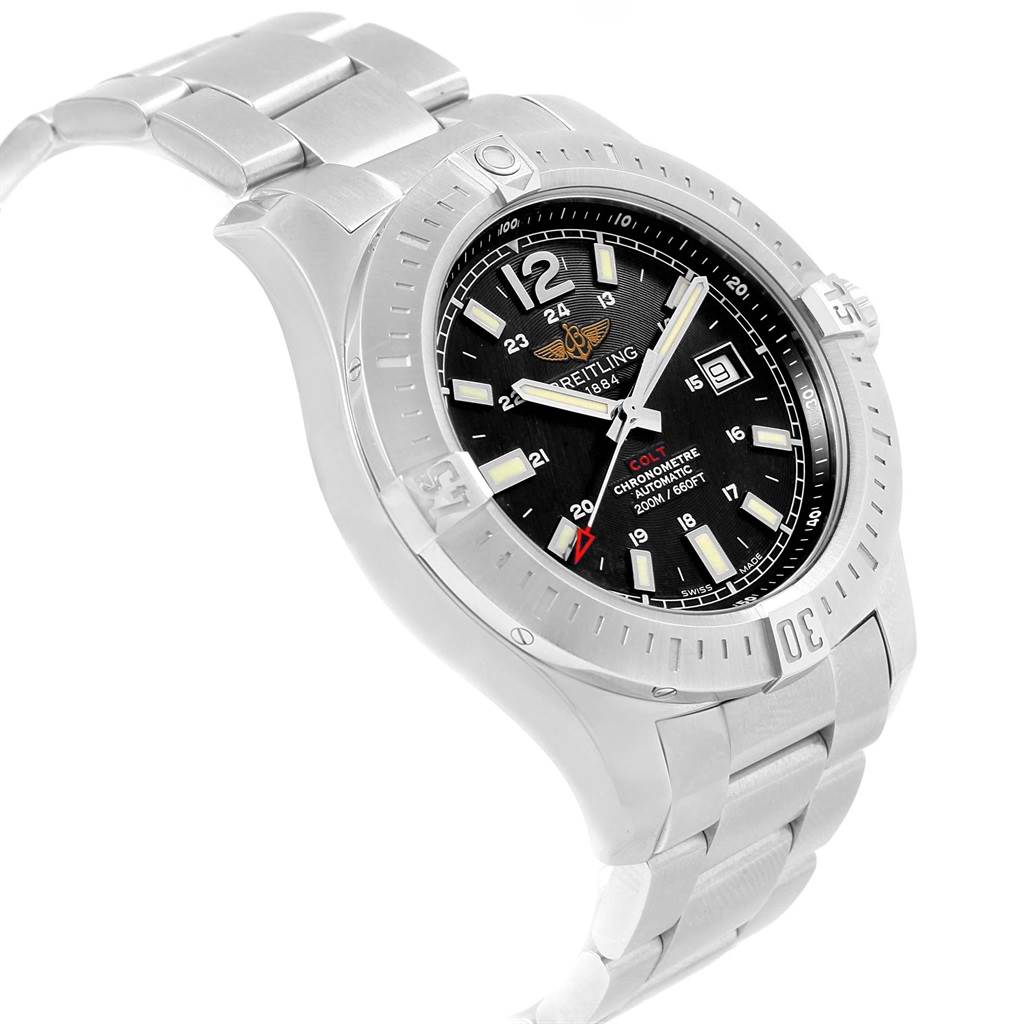 This image shows a Breitling Colt A17388 Men's Stainless Steel Black Dial A17388 Men's Stainless Steel Black Dial watch from a side angle, highlighting the face, bezel, and part of the stainless steel bracelet.