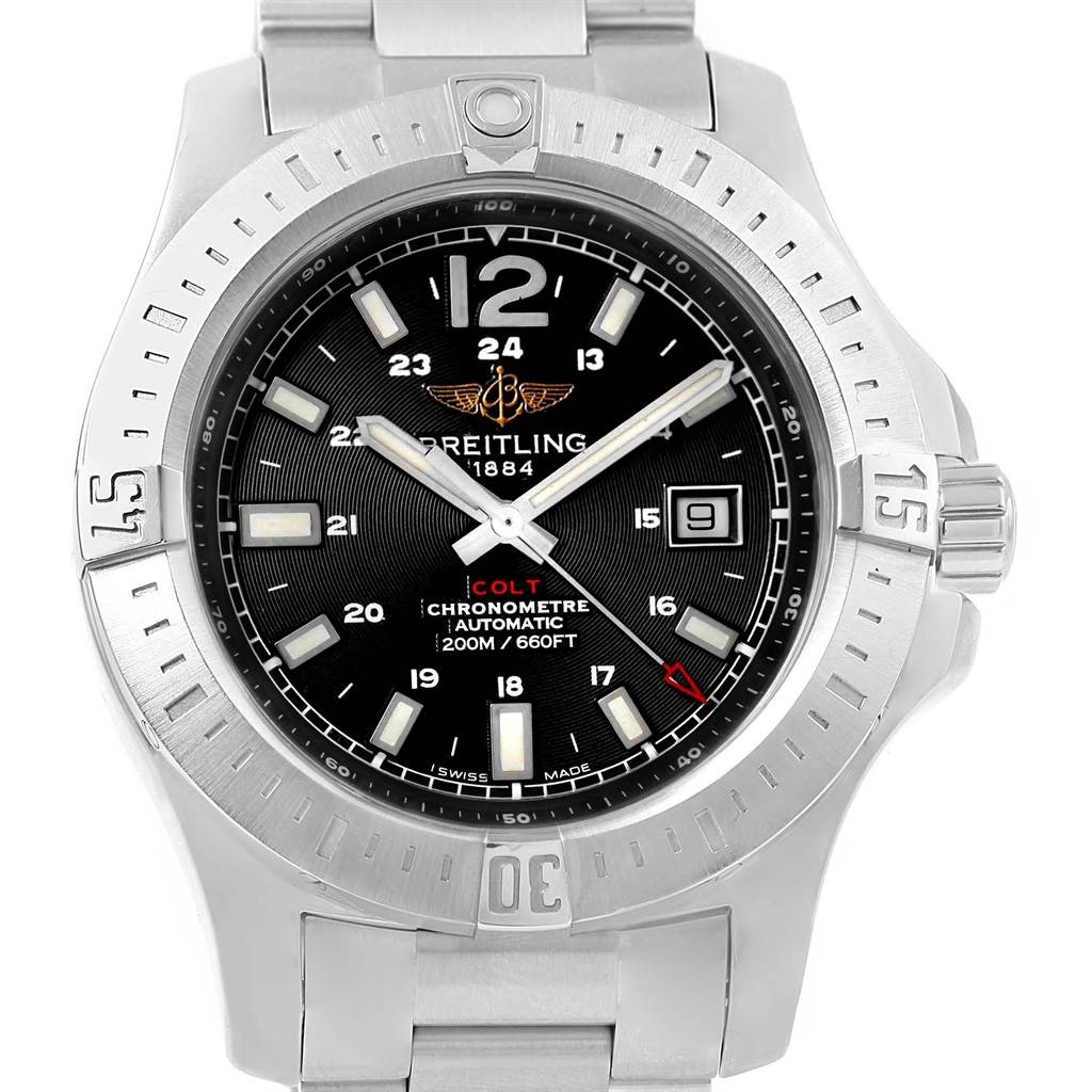 The image shows a front view of a Breitling Colt A17388 Men's Stainless Steel Black Dial A17388 Men's Stainless Steel Black Dial watch, highlighting the dial, bezel, and part of the stainless steel bracelet.
