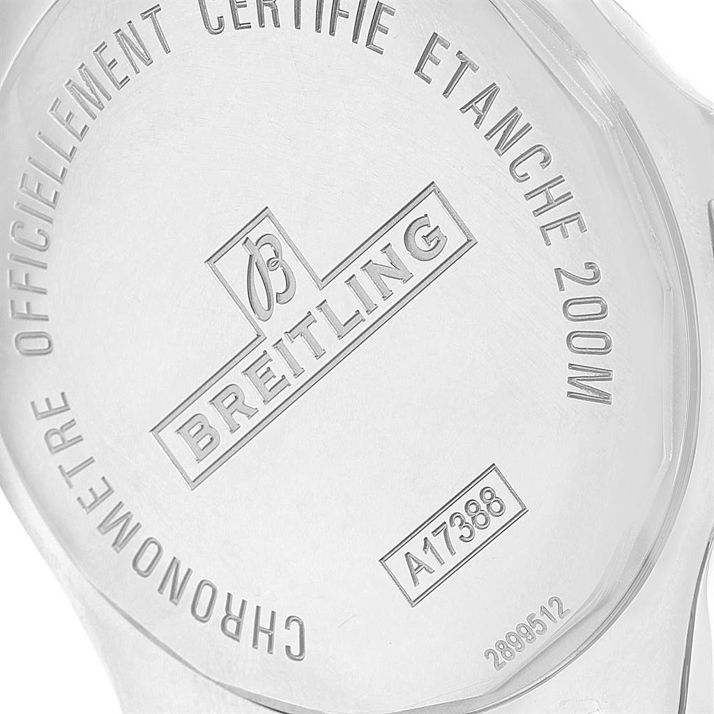 This image shows the back case of a Breitling Colt A17388 Men's Stainless Steel Black Dial A17388 Men's Stainless Steel Black Dial watch, highlighting the engraved brand name and certification details.