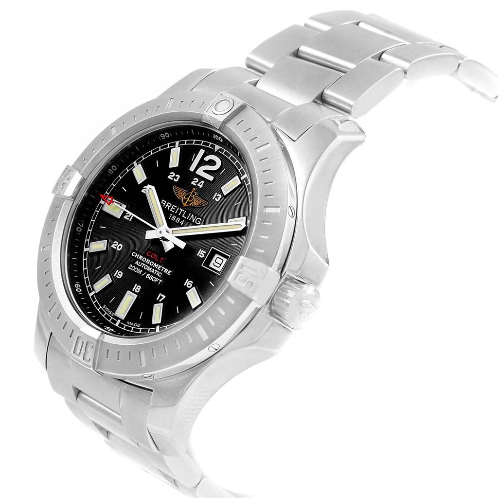 The image shows a Breitling Colt A17388 Men's Stainless Steel Black Dial A17388 Men's Stainless Steel Black Dial watch at an angled view, highlighting its face, bezel, and part of the stainless steel bracelet.