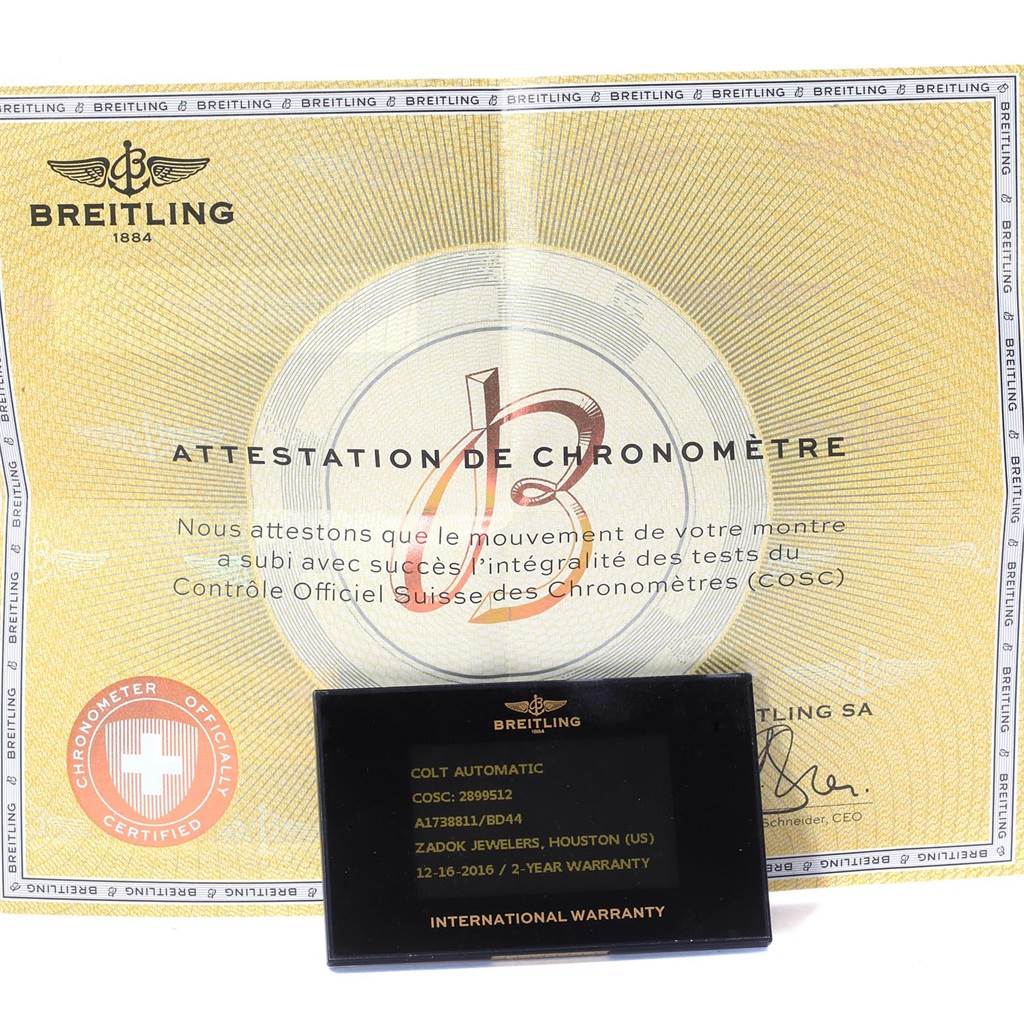 The image shows the warranty and chronometer certificate for the Breitling Colt A17388 Men's Stainless Steel Black Dial A17388 Men's Stainless Steel Black Dial model.