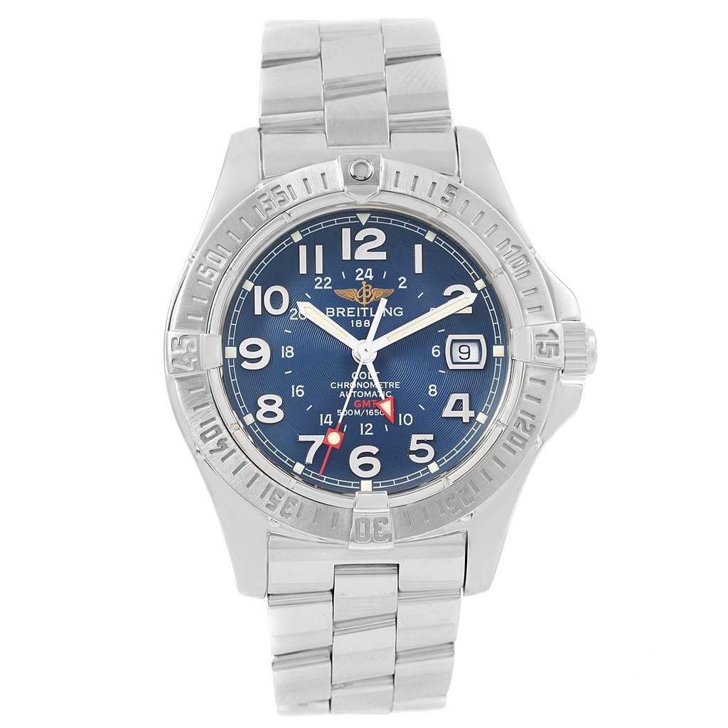 This image shows a front view of a Breitling Colt A32350 Men's Stainless Steel Blue Dial A32350 Men's Stainless Steel Blue Dial watch, featuring a blue dial, stainless steel bezel, and metal bracelet.